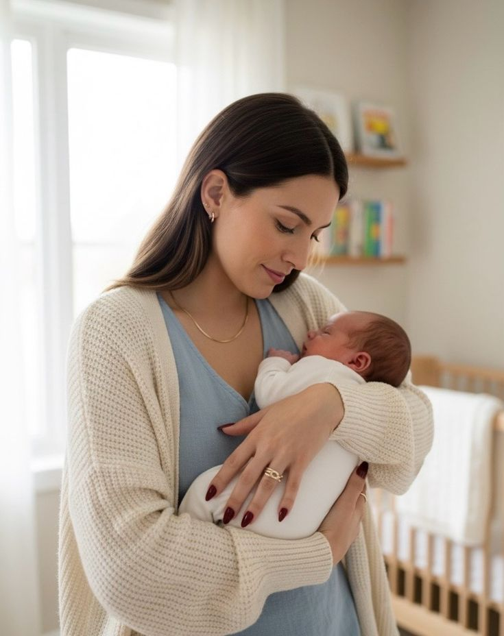 A mother gently holding her baby